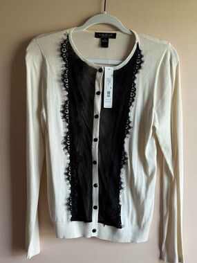 august silk Cream Cardigan with Black Lace Front